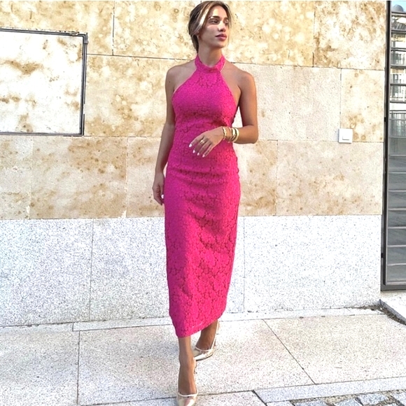 Zara * Fuchsia Pink Lace Halter Midi Dress Size S and L - Picture 12 of 16